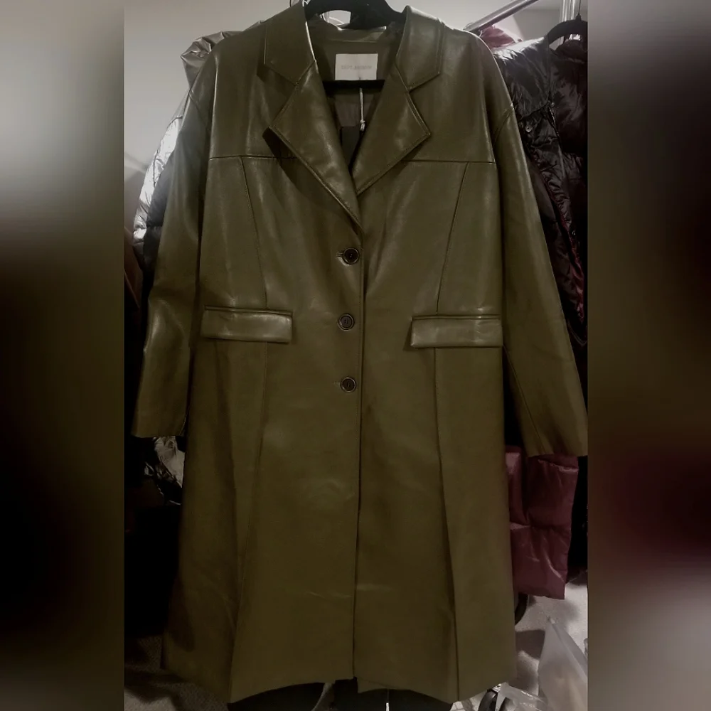Faux Leather Trench Coat with Pinched Pleats (Olive Green) - DEPT ANONYM - Picture 5 of 8